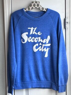 The Second City Crewneck Sweatshirt Blue Graphic Logo Unisex Medium